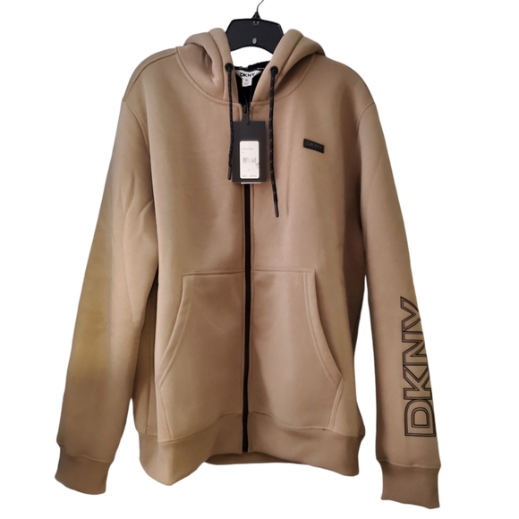DKNY Men's Hooded Full Zip Longsleeve Taupe Sweater in XL Fleece Lining - Picture 1 of 8